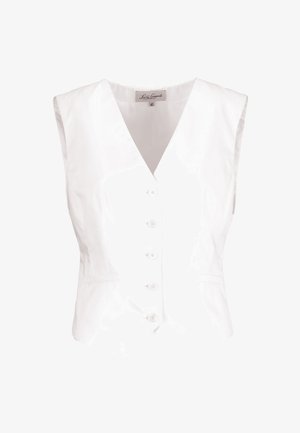 Fehér, ujjatlan, gombos mellény V-nyakkal és két elülső paszpólos zsebbel, 42-es méret, Luisa Spagnoli márka.