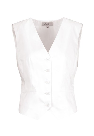 Biely bezrukávnik so zapínaním na gombíky, výstrih do V a dvoma prednými vreckami so zárezom, veľkosť 42, značky Luisa Spagnoli.