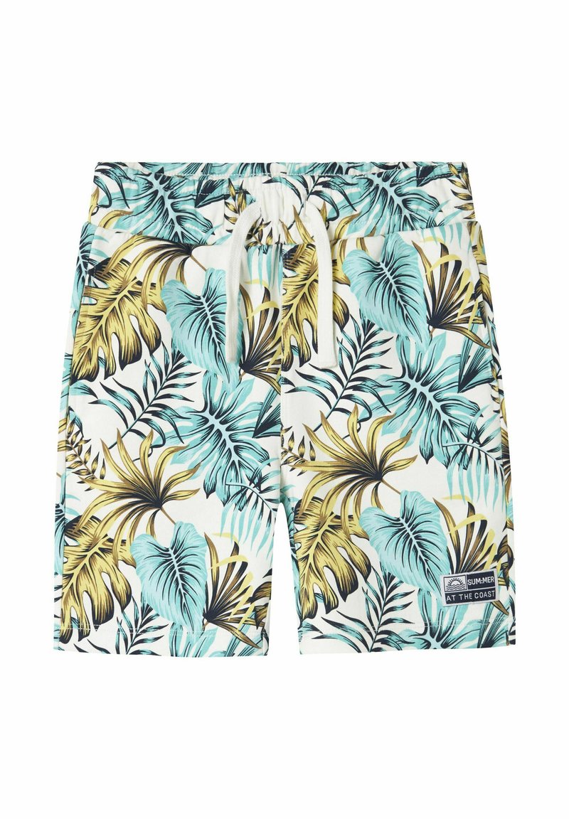 Pantaloni da bagno con motivo che presenta un design di foglie tropicali in teal e oro su uno sfondo bianco, con vita elastica e stringa.