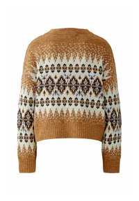 Gebreide trui met een cropped pasvorm en ronde halslijn. Bruine en crème tinten met een geometrisch patroon waarin blauwe en zwarte accenten zijn verwerkt.
