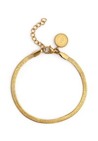 Brazalete tono dorado con diseño de cadena texturizada y flexible, cierre seguro y longitud ajustable, adornado con un charm circular.