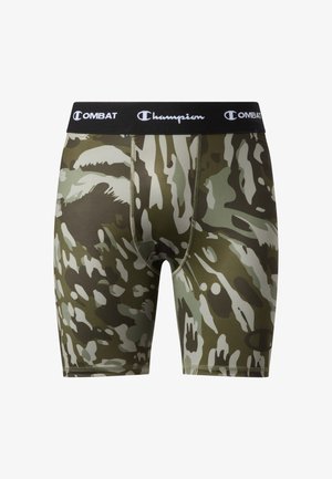 Herren-Kompressionsshorts mit Tarnmuster und schwarzem elastischem Bund, der weiße "Champion"- und "Combat"-Logos trägt.
