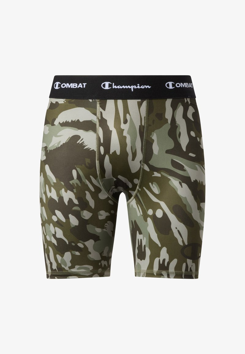 Herren-Kompressionsshorts mit Tarnmuster und schwarzem elastischem Bund, der weiße "Champion"- und "Combat"-Logos trägt.