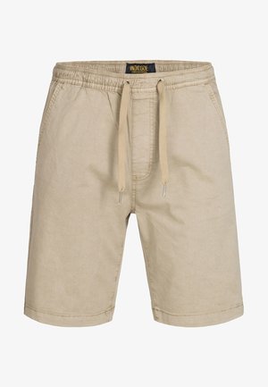 Beżowe szorty wykonane z lekkiego materiału, z elastycznym pasem w talii z możliwością regulacji sznurkiem, bocznymi kieszeniami i prostym wykończeniem dołu.