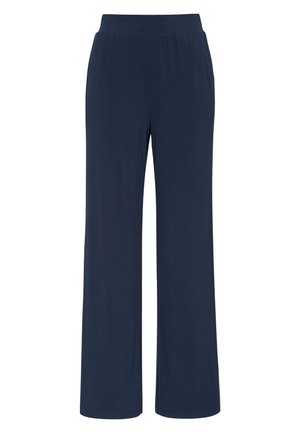Marineblauwe wijduitlopende broek van zachte, rekbare stof met een elastische tailleband en zonder zakken. Glad oppervlak over het geheel.