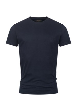 Navyblauwe katoenen t-shirt met korte mouwen en een ronde hals. Eenvoudig ontwerp, geen zichtbare patronen of hardwaredetails.