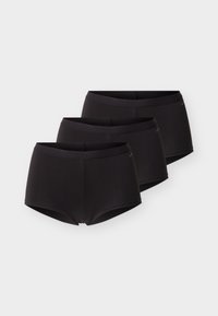 Σετ τριών μαύρων αδιάκοπων εσωρουχών boyshort με ζωνάκια μέσης χαμηλού ύψους, τοποθετημένα αλληλοεπικαλυπτόμενα σε λευκό φόντο.