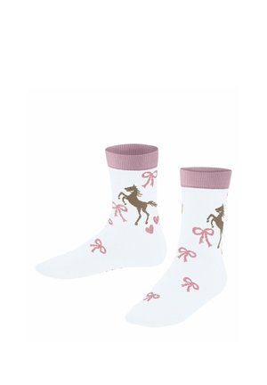 Witte sokken met roze boorden, versierd met een patroon van bruine paarden, roze strikken en kleine roze hartjes.
