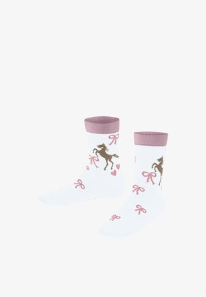 Chaussettes blanches avec poignets roses, ornées d'un motif de chevaux marron, de nœuds roses et de petits cœurs roses.