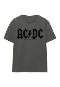 Graues Baumwoll-T-Shirt mit einem auffälligen schwarzen AC/DC-Logo und einem Blitz. Kurze Ärmel und ein Rundhalsausschnitt.