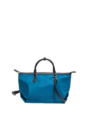 Sac à main rectangulaire bleu avec poignées noires et bandoulière amovible, fermeture éclair sur le dessus, texture simple et lisse.