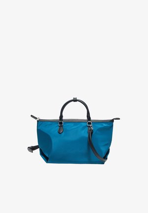 Sac à main rectangulaire bleu avec poignées noires et bandoulière amovible, fermeture éclair sur le dessus, texture simple et lisse.
