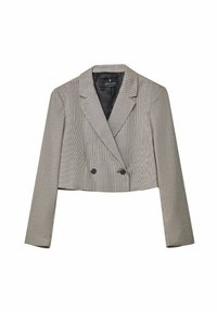 Cropped double-breasted blazer in a black and white houndstooth pattern. Features peaked lapels, long sleeves, and two black buttons.