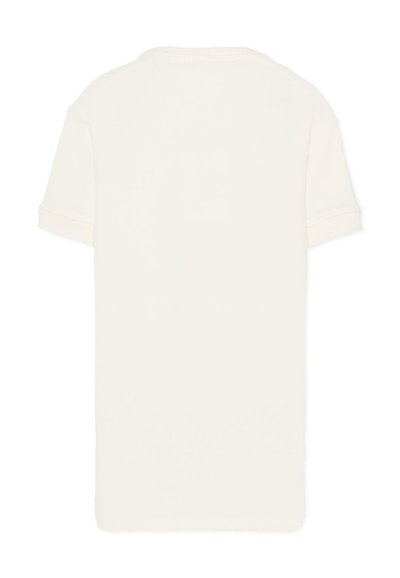 T-shirt crème à manches courtes avec un col rond, présentant un design uni et une texture douce en coton. Aucun logo ni motif visible.