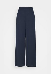 Pantalons larges en tissu léger, de couleur bleu marine foncé. Dotés d'une taille haute élastiquée et d'un design fluide. Devant plat sans poches.
