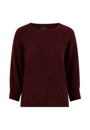 Burgundy knit sweater with a round neckline and three-quarter length sleeves. Soft texture and ribbed hem detailing.