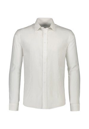 Hvid langærmet skjorte lavet af hør med knaplukning foran, klassisk krave og knapmanchetter; glat tekstur med minimale designdetaljer.