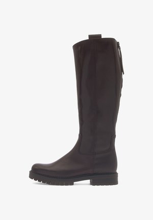 Kniehoge, donkerbruine leren laarzen met een gladde afwerking, zijrits en een robuuste, gestructureerde zool. Stevig ontwerp met minimale stiksels.