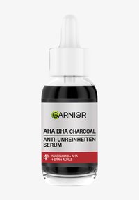 Svart serumflaska med pipett, utrustad med ett vitt lock och en genomskinlig etikett. Texten framhäver AHA BHA kolformeln och ingredienserna.