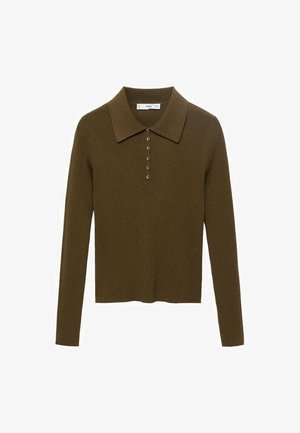 Polo s dolgimi rokavi, rebrasto pleten v olivno zeleni barvi, z klasičnim ovratnikom in šestimi gumbi za zapiranje na sprednji strani.