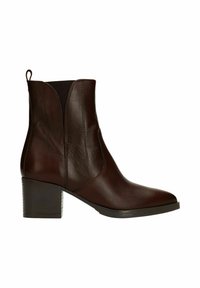 Bruine leren enkelboot met een spitse neus, elastische zijkanten en een blokhak. Gladde textuur en minimale stikdetails.