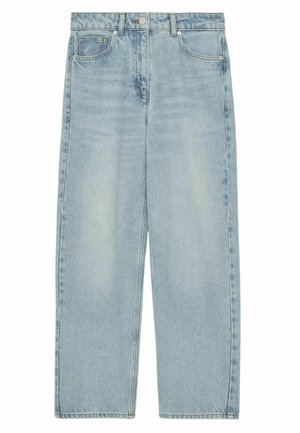 Gai zila taisna piegriezuma džinsu bikses ar augstu jostasvietu, priekšējiem kabatām un minimālu izbalēšanu, aprīkotas ar klasisku pogu un rāvējslēdzēja aizdari.