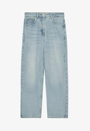 Világoskék, egyenes szárú farmernadrág magas derékkal, elülső zsebekkel és minimális kopással, klasszikus gombos és cipzáros záródással.