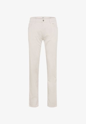 Pantalon droit couleur crème avec fermeture à bouton et zip à l'avant, passants pour ceinture et poches latérales avant, présenté sur fond blanc.