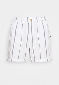 Shorts en coton blanc avec des rayures noires verticales, taille élastique, bouton avant, poches latérales et ourlets retroussés.