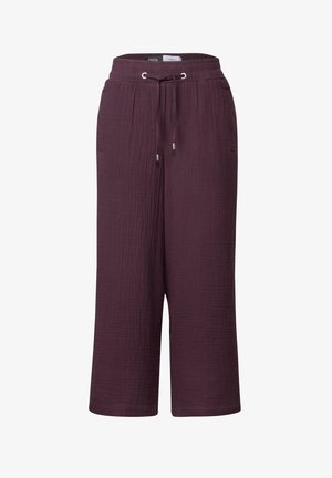 Pantalones morados de pierna ancha hechos de tela texturizada, con una cintura elástica con cordón y acentos de hardware en tono plateado.