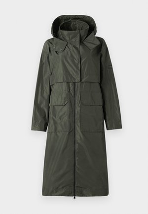 Dark green, waterproof coat with a hood, zip closure, two large front pockets, and a relaxed fit. Smooth texture and mid-length design.