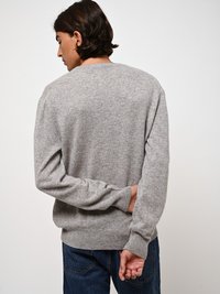 Grauer Pullover aus weichem Material mit rundem Halsausschnitt und gerippten Bündchen. Die Rückseite hat ein einfaches Design ohne Verzierungen.