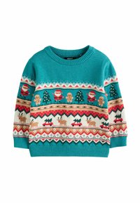 Türkiser Pullover mit Rundhalsausschnitt, der festliche Muster von Santa, Bäumen und Rentieren in Rot, Creme und Grün aufweist. Stricktextur.