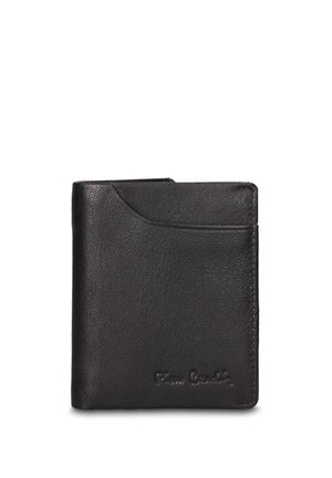 Zwarte leren portemonnee met een gladde textuur, slank ontwerp en een externe kaarthouder. Heeft subtiele branding aan de voorkant.