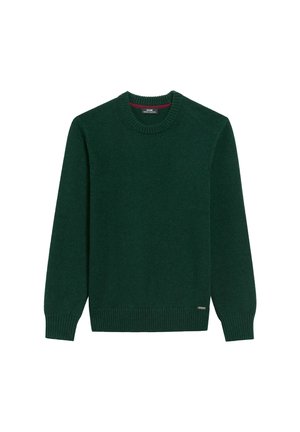 Ciemnozielony sweter z okrągłym dekoltem, prążkowanymi mankietami i dół, dzianinową strukturą oraz małą metką z logo w pobliżu dolnego lewego boku.