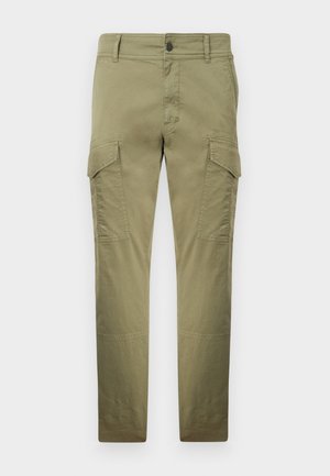 Nohavice cargo v olivovo zelenej farbe s klopovými vreckami na stehne, zapínaním na gombík a zips a strihom s rovnými nohavicami.