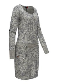 Robe grise à manches longues avec motif floral, taille réglable par cordon, poches avant et décolleté arrondi.