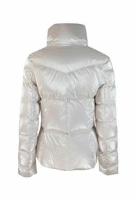 Giacca imbottita in materiale argentato lucido, con un colletto alto, design trapuntato e una schiena con motivo a V. Chiusura con zip nella parte inferiore.
