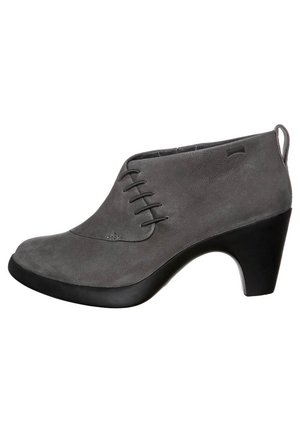 Gray suede ankle boots with a rounded toe, featuring decorative lacing, a low-cut design, and a sturdy black heel.
