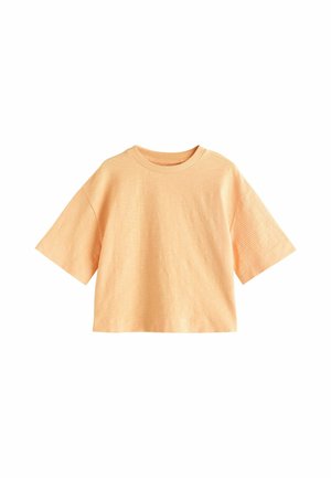 Tricou cu mâneci scurte, cropt portocaliu deschis, cu decolteu rotund și croială lejeră, prezentat pe fundal alb.