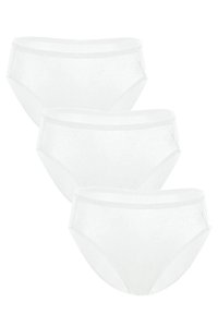 Mutande in cotone bianco con una texture liscia, dotate di una vita a media altezza e un taglio classico a slip. Confezione da tre articoli identici.