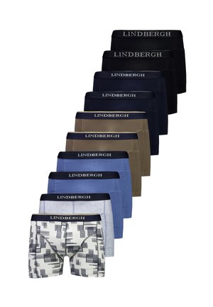Dziesięć par męskich bokserów w różnych kolorach i wzorach, wszystkie z elastycznymi pasami oznaczonymi marką "LINDBERGH."