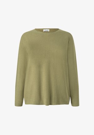 Suéter de punto verde oliva claro con mangas largas y cuello redondo, diseño liso, etiqueta "Maerz" en el cuello.