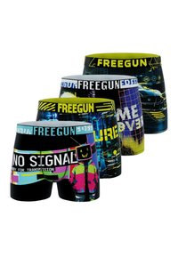 Quatre paires de boxers pour hommes avec divers motifs graphiques. Les matériaux sont principalement en coton, avec des couleurs vives et des motifs audacieux.