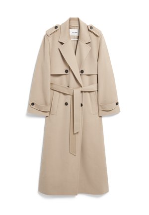 Beige wollen mengeling trenchcoat met dubbelzijdige voorkant, grote revers en een zelf te strikken riem. Kenmerkt knopenaccenten op de mouwen.