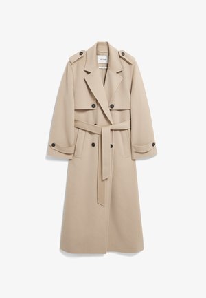 Beige Wolle-Mischung Trenchcoat mit doppelter Knopfleiste, großen Revers und einem selbst zu bindenden Gürtel. Mit Knopf-Akzenten an den Ärmeln.