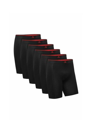 Seks par sorte boxer shorts med en rød elastisk talje og logo-detaljer, der har et tætsiddende design og en glat tekstur.