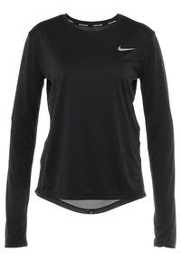 Schwarzes langärmeliges Sportshirt aus leichtem, atmungsaktivem Stoff. Mit rundem Ausschnitt, abgerundetem Saum und einem silbernen Nike-Logo.