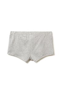 Šedé bavlněné šortky s měkkou texturou, které mají široký elastický pas a krátký, upnutý střih se rovnými lemy.