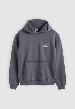 Sweat à capuche gris en mélange de coton, doté d'une poche frontale, de poignets et d'un ourlet côtelés, avec un logo blanc sur le côté gauche de la poitrine. Design à capuche.